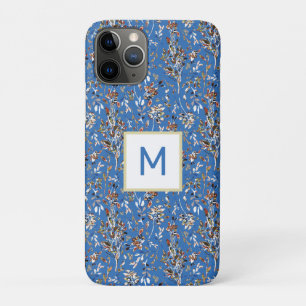 Monogram Leaves Berries Blue Watercolor Floral iPhone 11 Pro Case