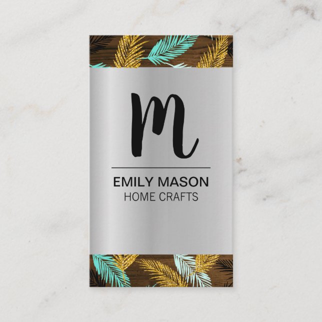 Monogram / Leaves Wood Trim / Palm Leaf Business Card (Front)