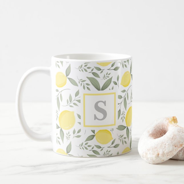 Monogram Lemon and Leaves  Coffee Mug (With Donut)