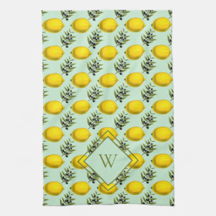 Monogram Lemon and olive pattern yellow and blue Kitchen Towel