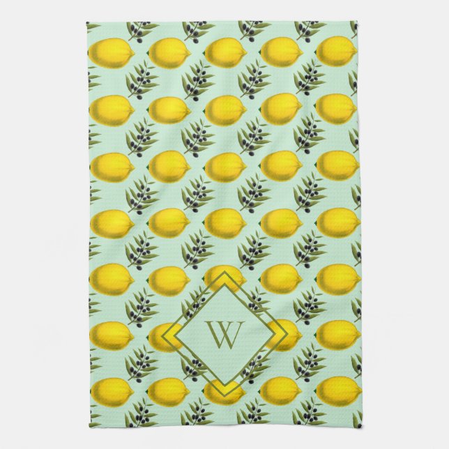 Monogram Lemon and olive pattern yellow and blue Kitchen Towel (Vertical)