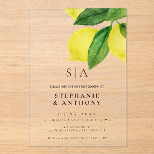Monogram Lemon Citrus Branch Wedding      Acrylic Invitations