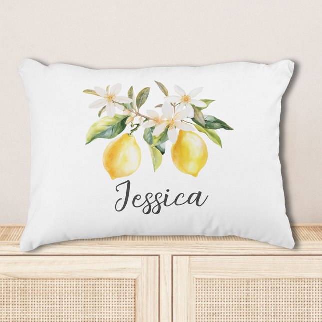Monogram Lemon Fruits White Flowers Tree Branch Accent Pillow (In situ)