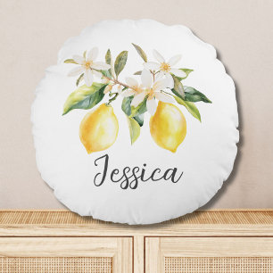 Monogram Lemon Fruits White Flowers Tree Branch Round Pillow