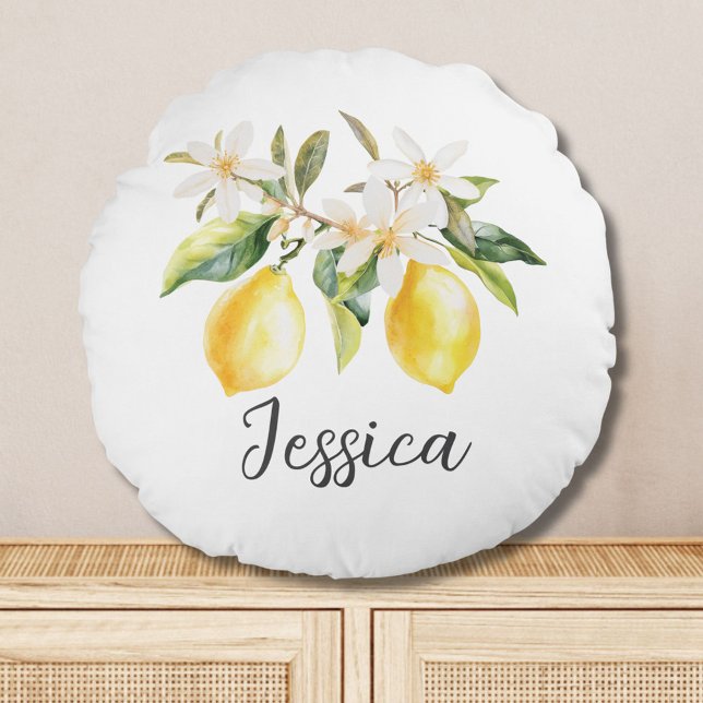 Monogram Lemon Fruits White Flowers Tree Branch Round Pillow (In situ)