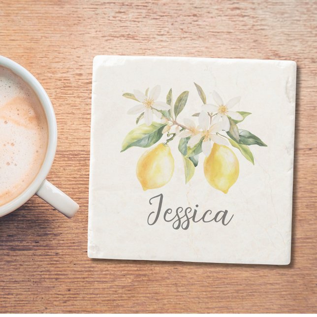 Monogram Lemon Fruits White Flowers Tree Branch Stone Coaster (In situ)