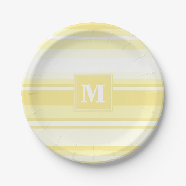 Monogram lemon yellow stripes paper plate (Front)
