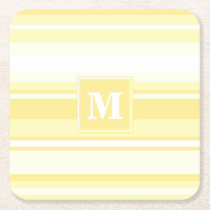 Monogram lemon yellow stripes square paper coaster