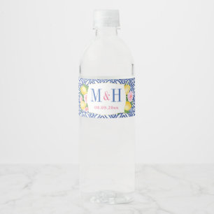 Monogram Lemons Blue Tiles Wedding Shower Party Water Bottle Label