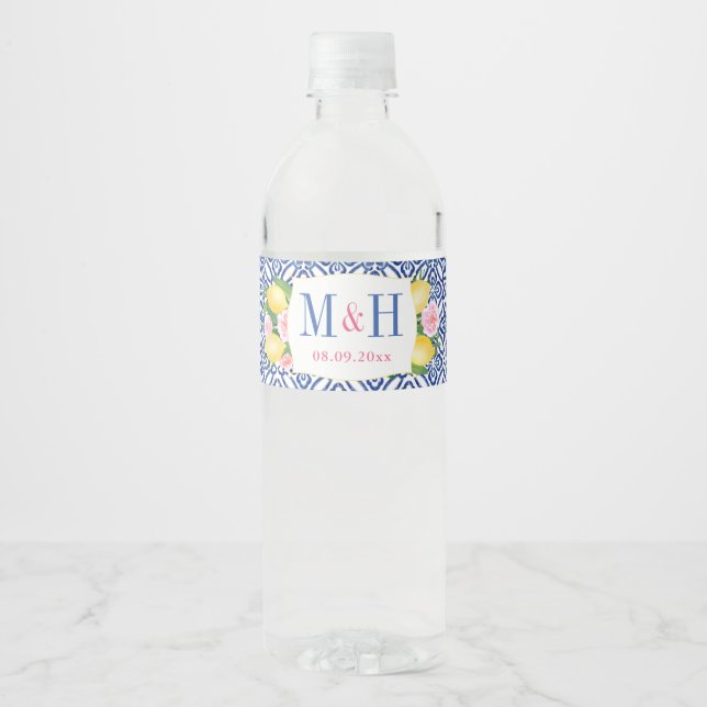 Monogram Lemons Blue Tiles Wedding Shower Party Water Bottle Label (Front)