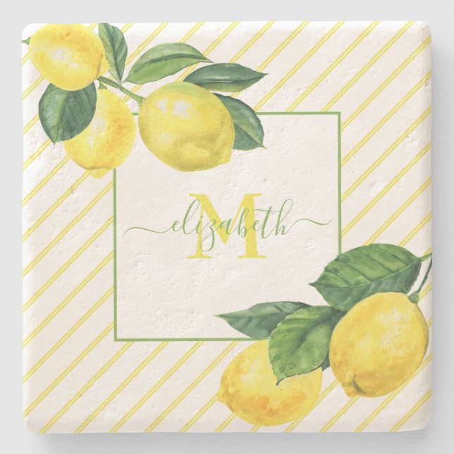Monogram lemons watercolor stripes rustic country stone coaster (Front)