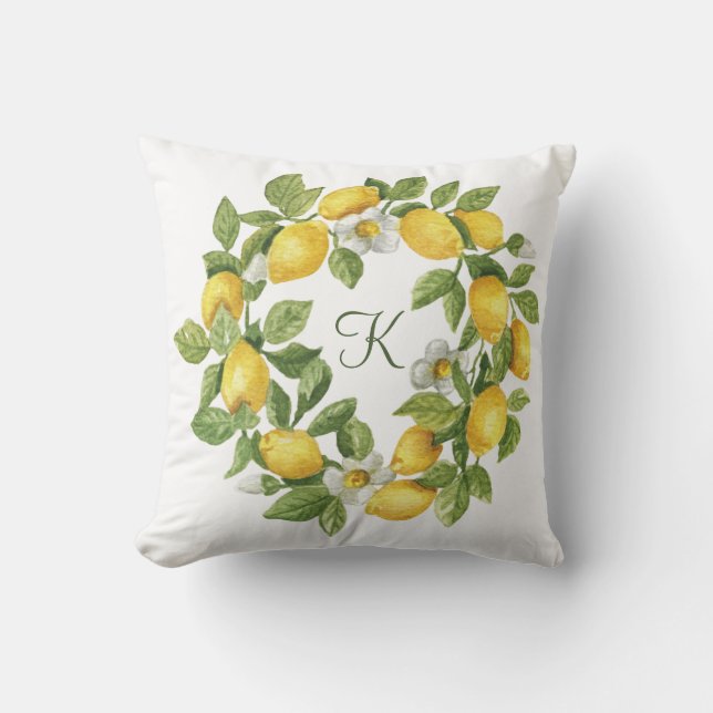 Monogram Lemons Wreath Green Yellow Throw Pillow (Front)