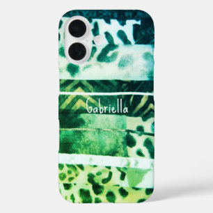Monogram leopard animal print green teal yellow iPhone 16 case