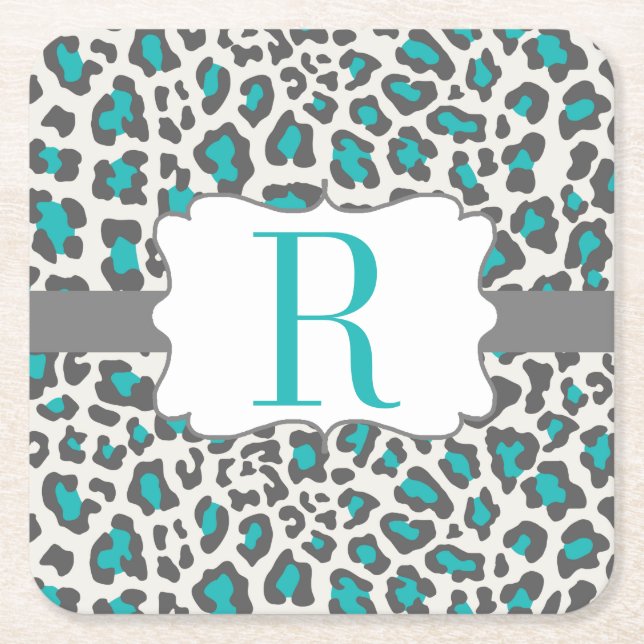 Monogram Leopard Aqua Grey White Paper Coaster (Front)