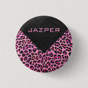Monogram Leopard Black and Hot Pink Print 1 Inch Round Button