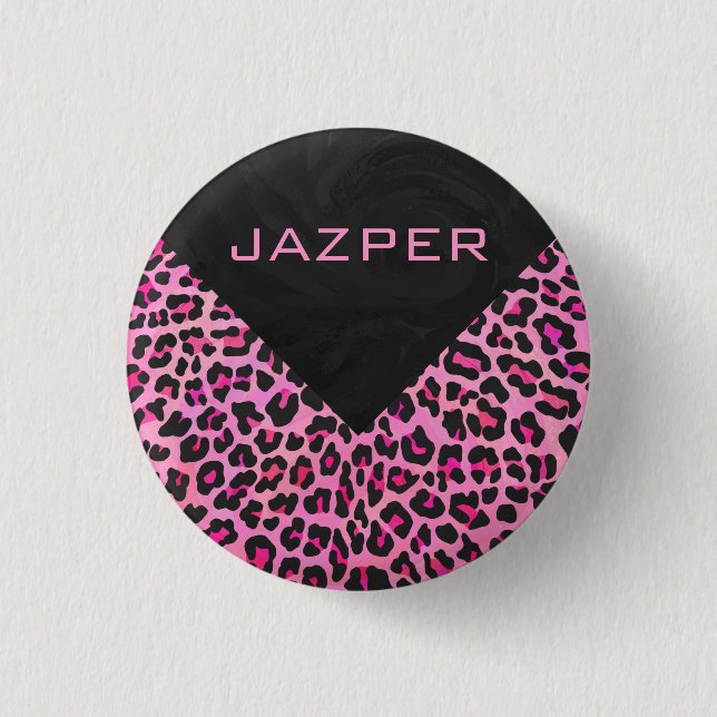 Monogram Leopard Black and Hot Pink Print 1 Inch Round Button (Front)