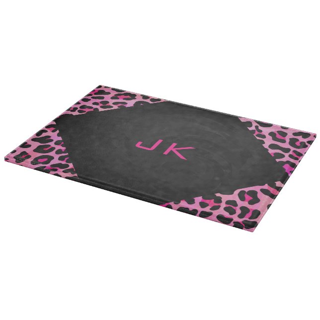 Monogram Leopard Black and Hot Pink Print Cutting Board (Corner)