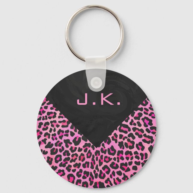 Monogram Leopard Black and Hot Pink Print Keychain (Front)