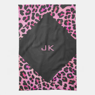 Monogram Leopard Black and Hot Pink Print Kitchen Towel