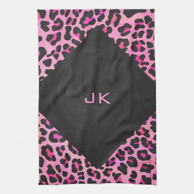 Monogram Leopard Black and Hot Pink Print Kitchen Towel (Vertical)
