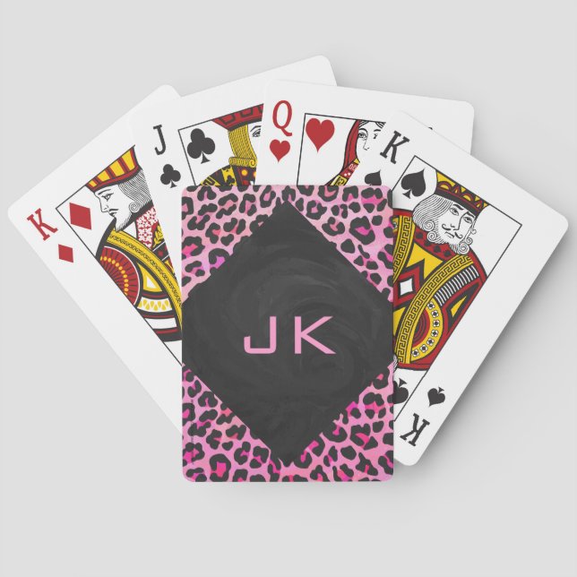 Monogram Leopard Black and Hot Pink Print Playing Cards (Back)