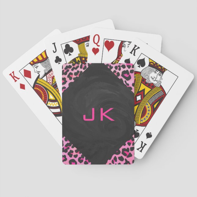 Monogram Leopard Black and Hot Pink Print Playing Cards (Back)