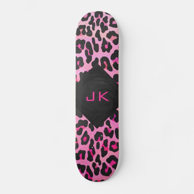 Monogram Leopard Black and Hot Pink Print Skateboard (Front)