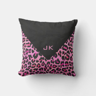 Monogram Leopard Black and Hot Pink Print Throw Pillow