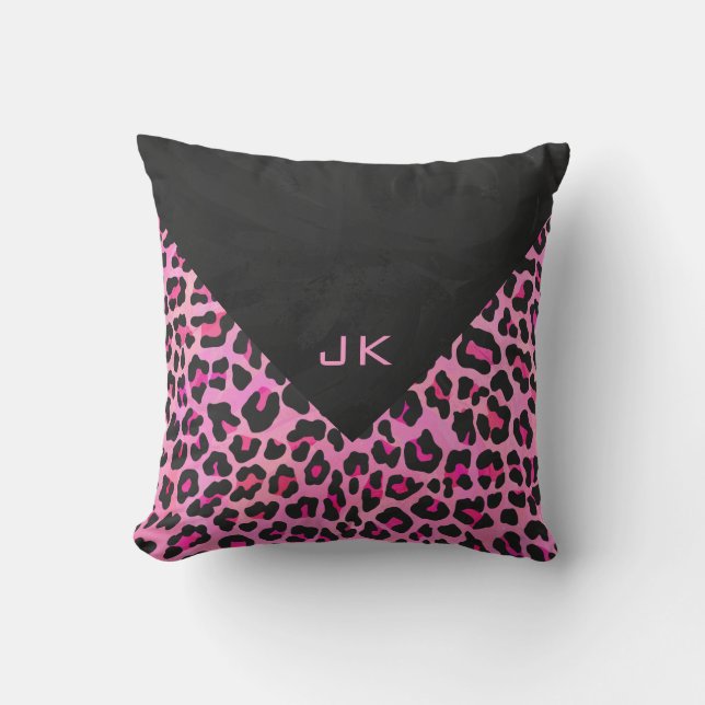 Monogram Leopard Black and Hot Pink Print Throw Pillow (Front)