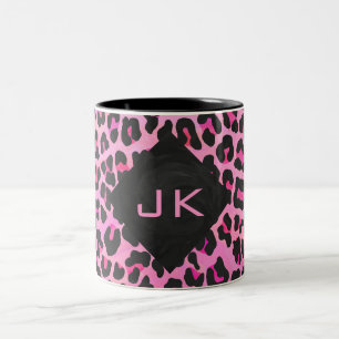 Monogram Leopard Black and Hot Pink Print Two-Tone Coffee Mug