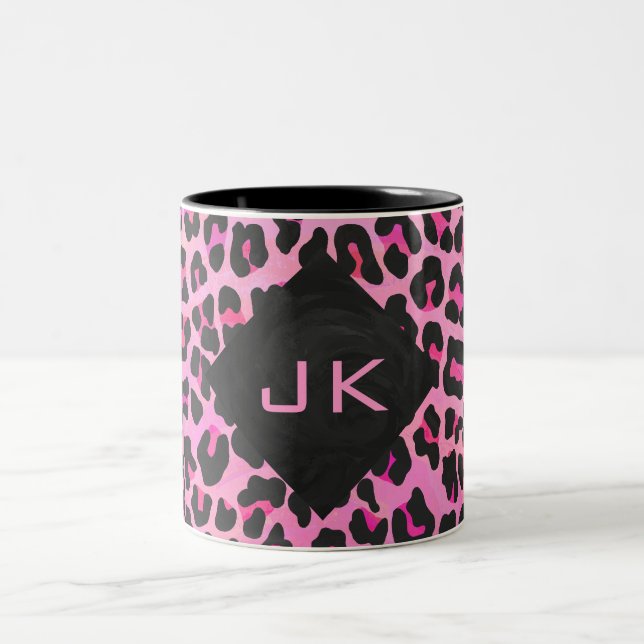 Monogram Leopard Black and Hot Pink Print Two-Tone Coffee Mug (Center)