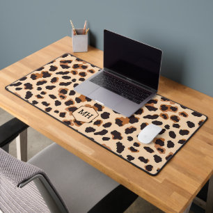 Monogram Leopard Brown Chic Girly Animal Print Desk Mat