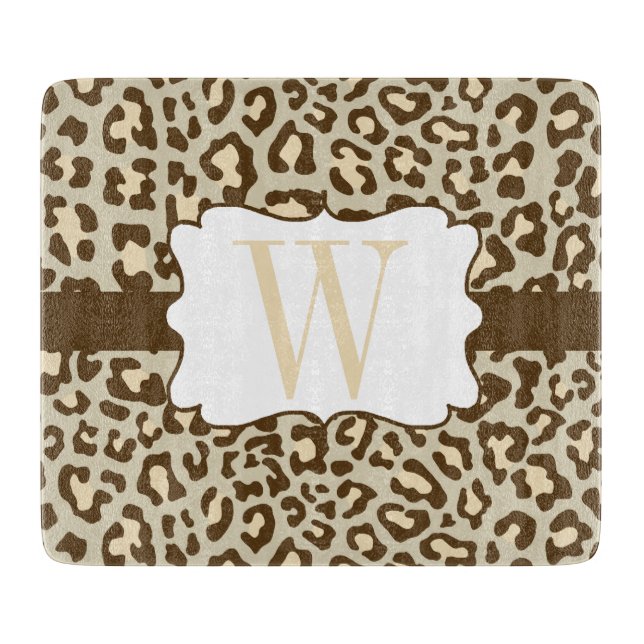 Monogram Leopard Brown Tan Peach Cutting Board (Front)