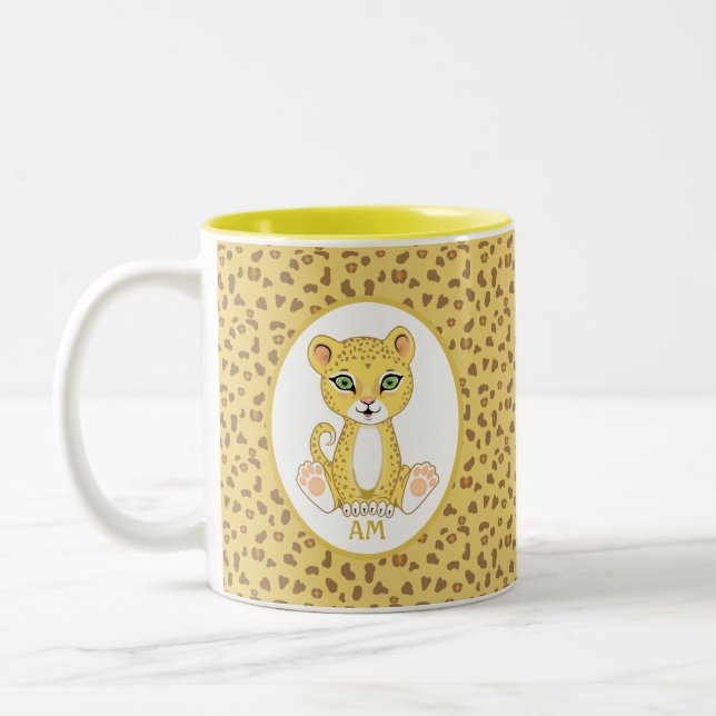 Monogram & Leopard on Brown & Golden Beige Two-Tone Coffee Mug (Left)