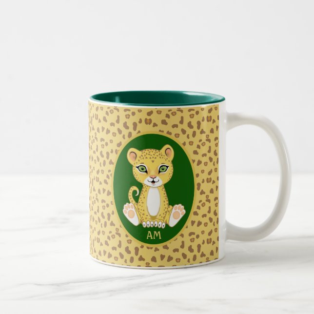 Monogram & Leopard on Green Brown & Golden Beige Two-Tone Coffee Mug (Right)