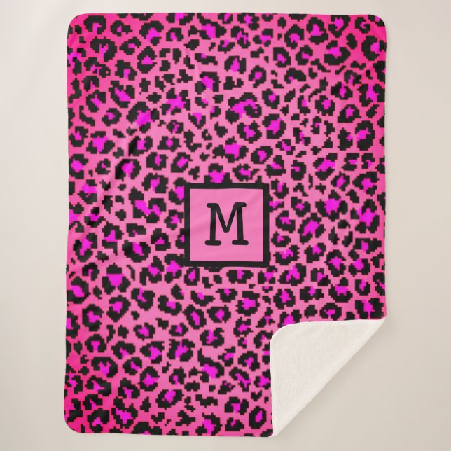 Monogram Leopard Print Initial Elegant Animal Pink Sherpa Blanket (Front)