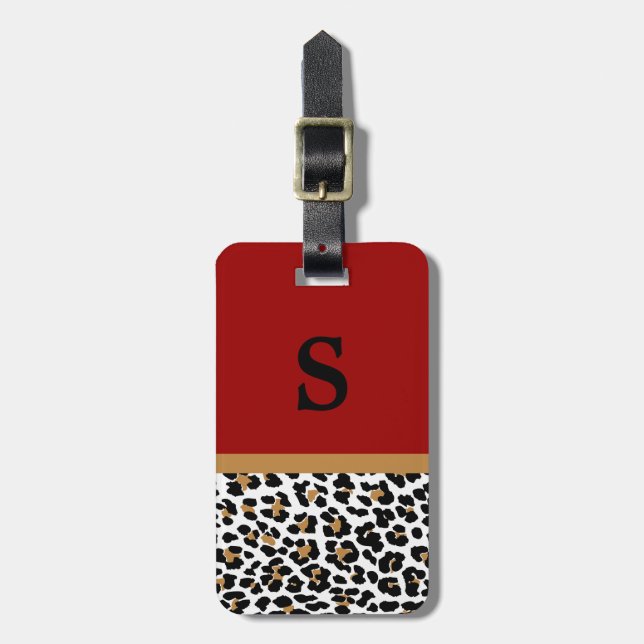 Monogram Leopard Print Red Accent Luggage Tag (Front Vertical)