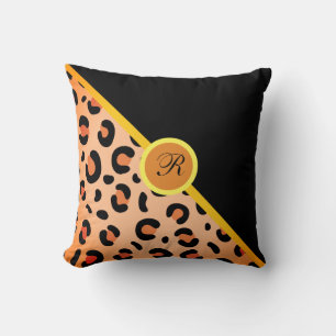 Monogram Leopard Print Two Tone Golden Black Throw Pillow