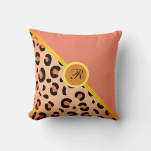 Monogram Leopard Print Two Tone Golden Coral Pink  Throw Pillow