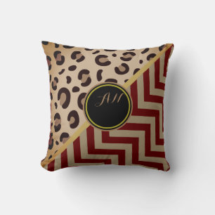 Monogram Leopard Print Zigzag Chevron Two-Tone Throw Pillow