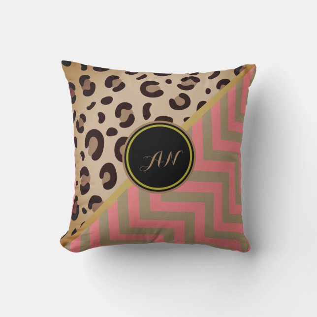 Monogram Leopard Print Zigzag Chevron Two-Tone  Throw Pillow (Front)