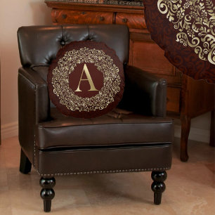 Monogram Letter A Luxury Gold Burgundy damask Round Pillow