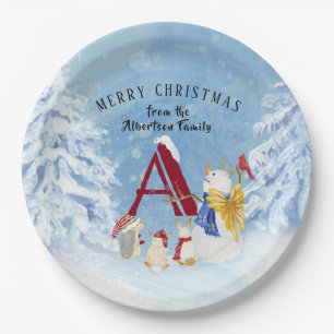 Monogram Letter A Merry Christmas Angel Snowman Paper Plate
