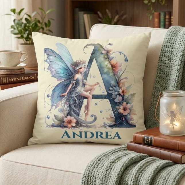Monogram Letter A With Name Fairy Throw Pillow (Creator Uploaded)