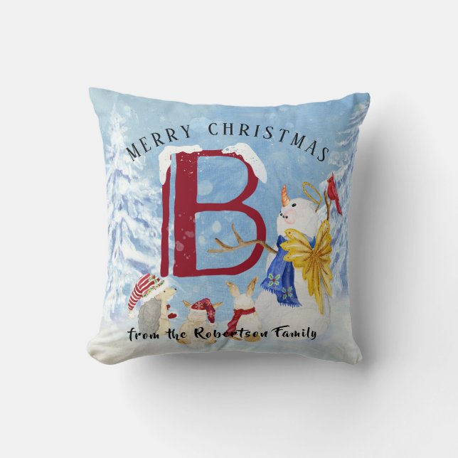 Monogram Letter B Angel Snowman Merry Christmas Throw Pillow (Front)