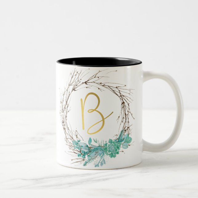 Monogram letter B in wreath Two-Tone Coffee Mug (Right)