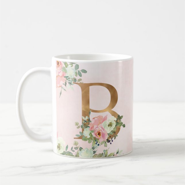Monogram Letter B Watercolor Floral Coffee Mug (Left)