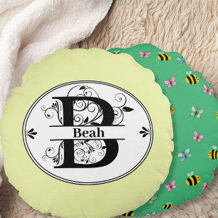 Monogram letter B with Cute backside pattern Round Pillow