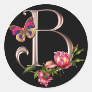 MONOGRAM LETTER B WITH ROSES AND BUTTERFLY CLASSIC ROUND STICKER