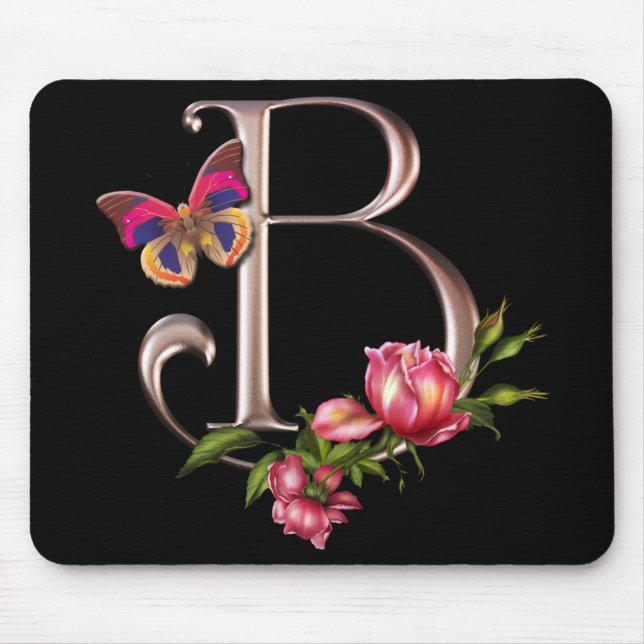MONOGRAM LETTER B WITH ROSES AND BUTTERFLY MOUSE PAD (Front)